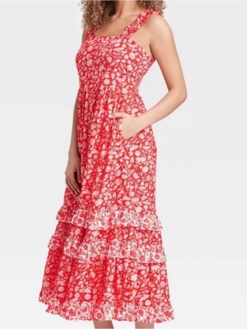 Universal Thread Coral Floral Ruffle-Strap Maxi Dress